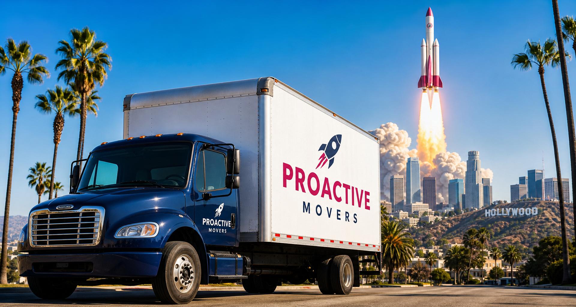 ProActive Movers branded truck with a rocket launching in sunny Los Angeles